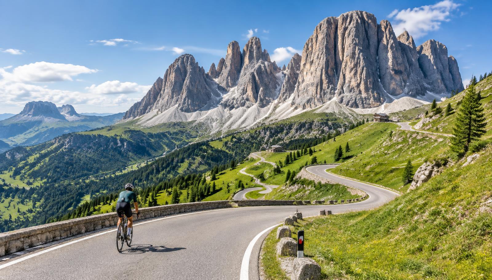 A cyclist climbing a hairpin road beneath the Dolomites