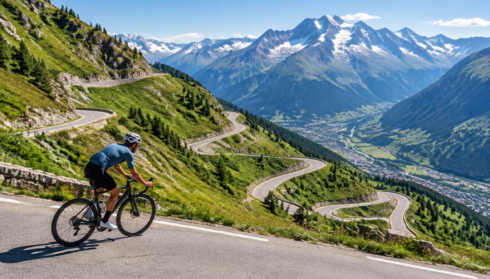 A road cyclist climbing switchbacks in the French Alps
