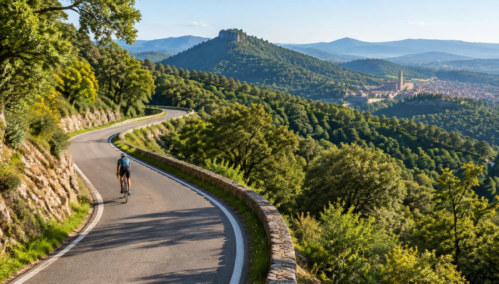 A cyclist on a quiet forest road overlooking Girona