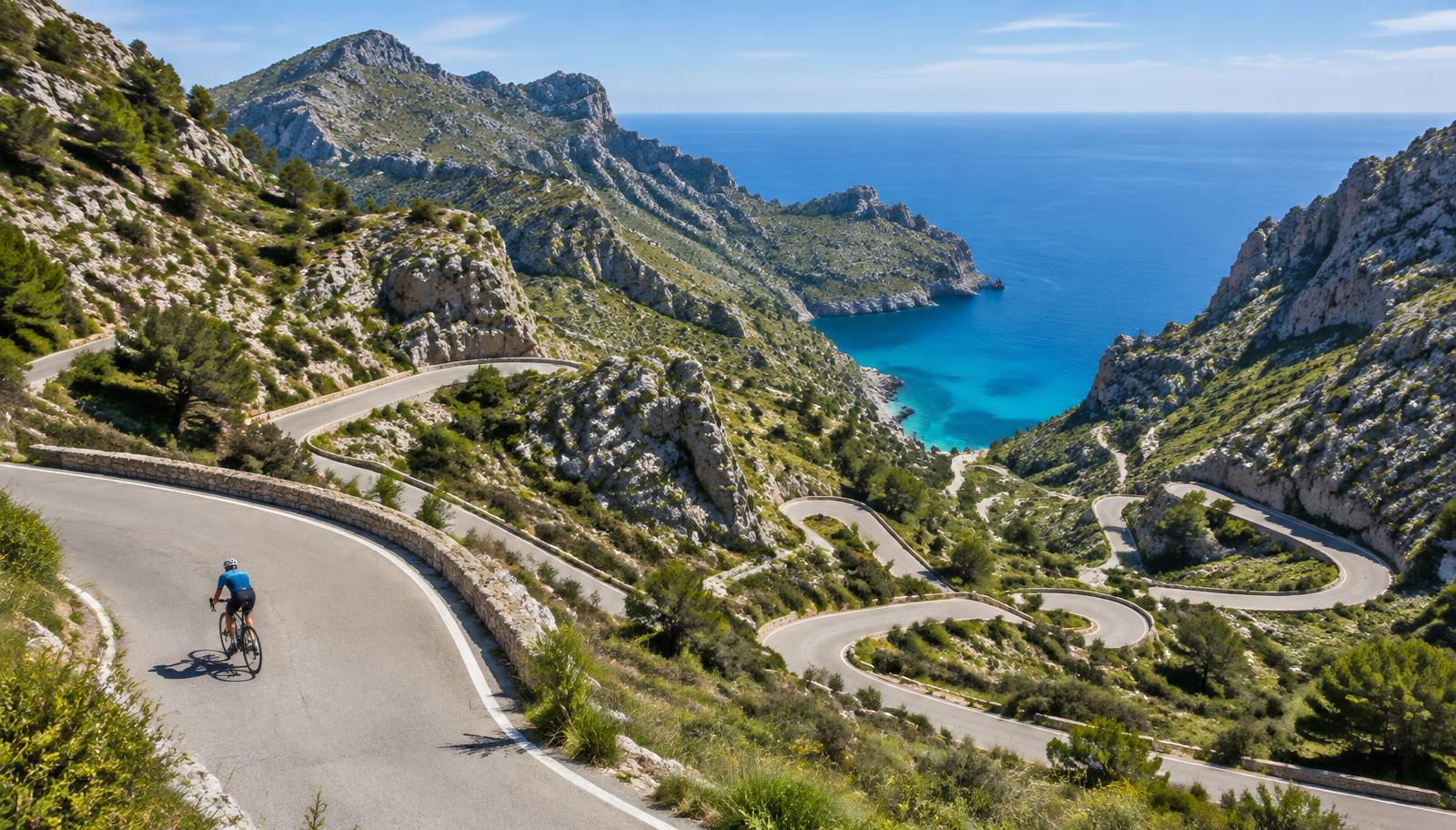 A cyclist descending the Sa Calobra switchbacks in Mallorca
