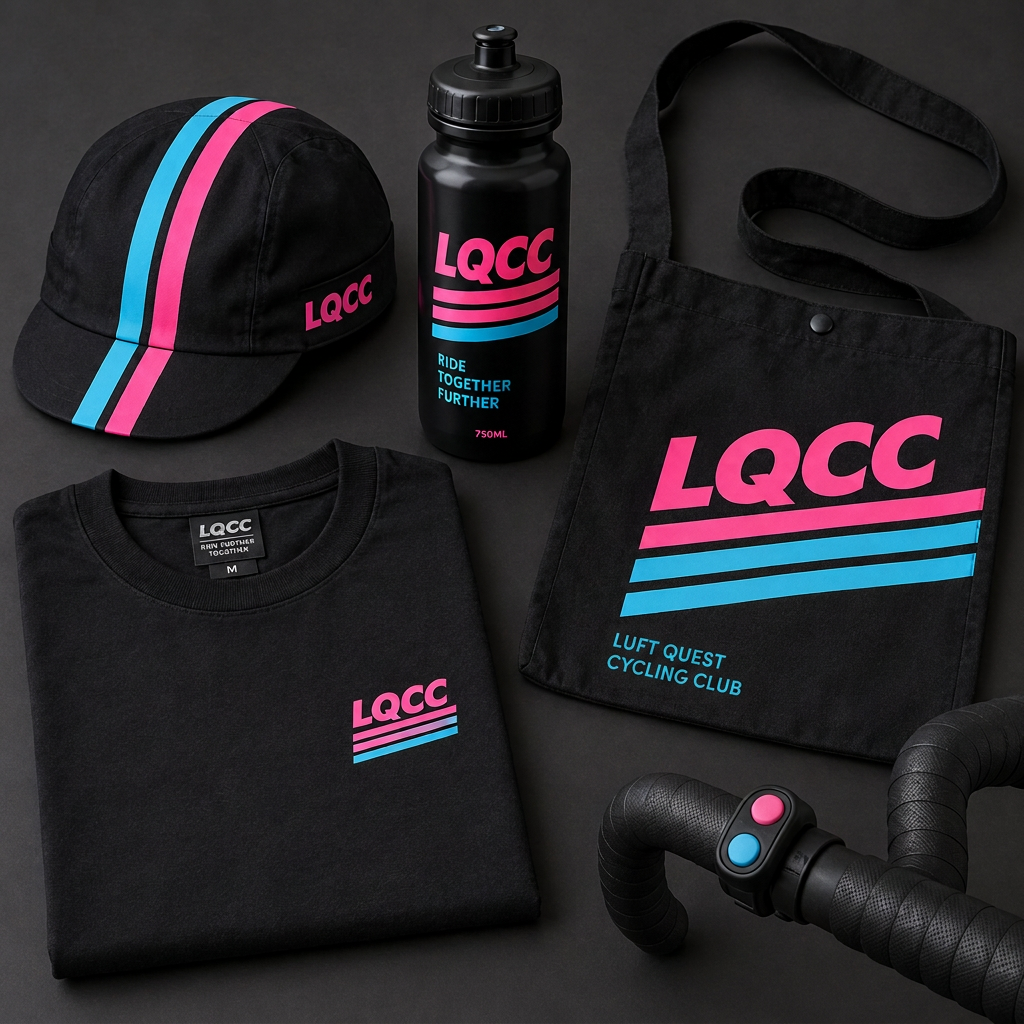 LQCC Pro Bundle mockup: cap, bidon, musette, t-shirt and handlebar clicker